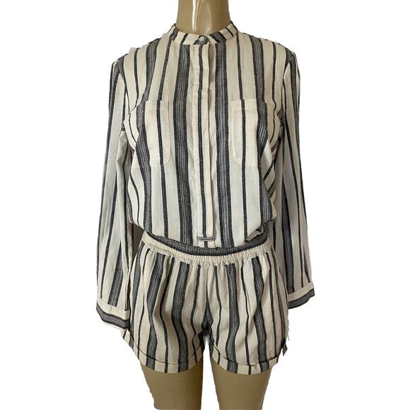 Vanessa Bruno Romper Striped Long Sleeve Cotton Cream Button Down Gray 3… - Picture 1 of 5